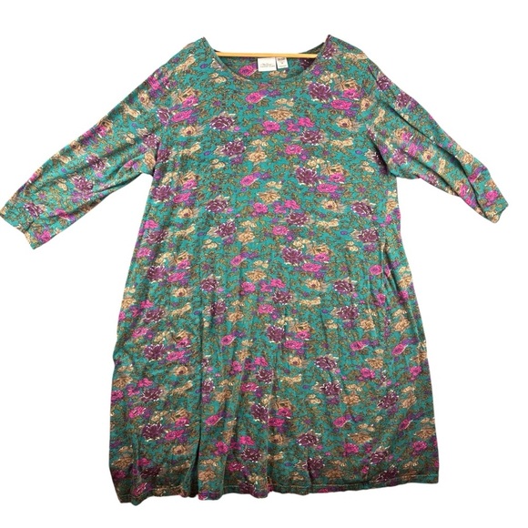 EUC Vermont Country Store Floral Cotton Knit A-Line Dress in Teal Sz 2X - Picture 2 of 10